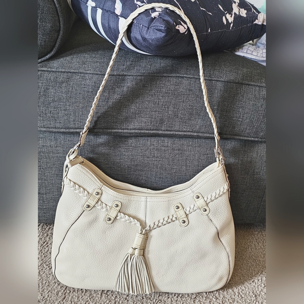 Brighton Chalk Colored Pebbled Leather Braided Handbag Purse